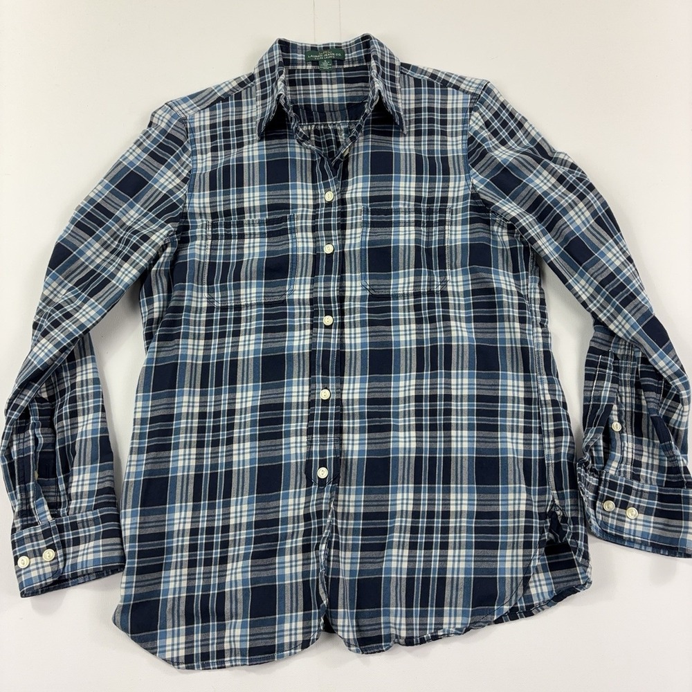 Lauren Jeans Co. Ralph Flannel Shirt Womens S Blue Plaid Long Sleeve Button-Up